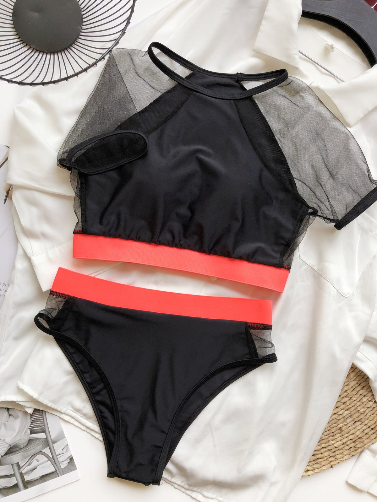 Colorblock Mesh Bandage High Waist Bikini Set