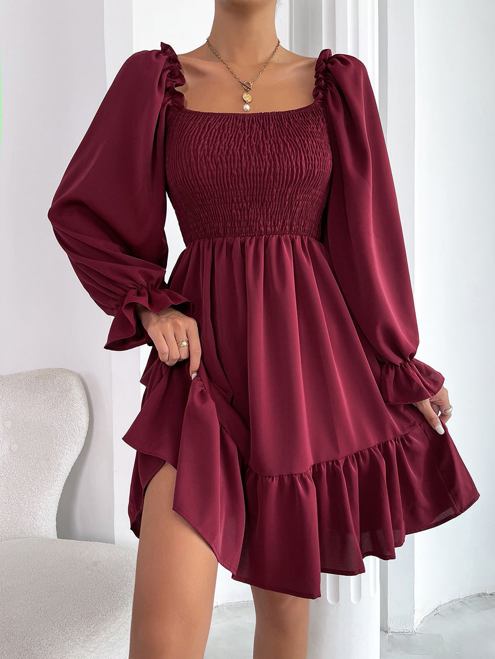 Elegant Square neck High waist Ruffle Dress