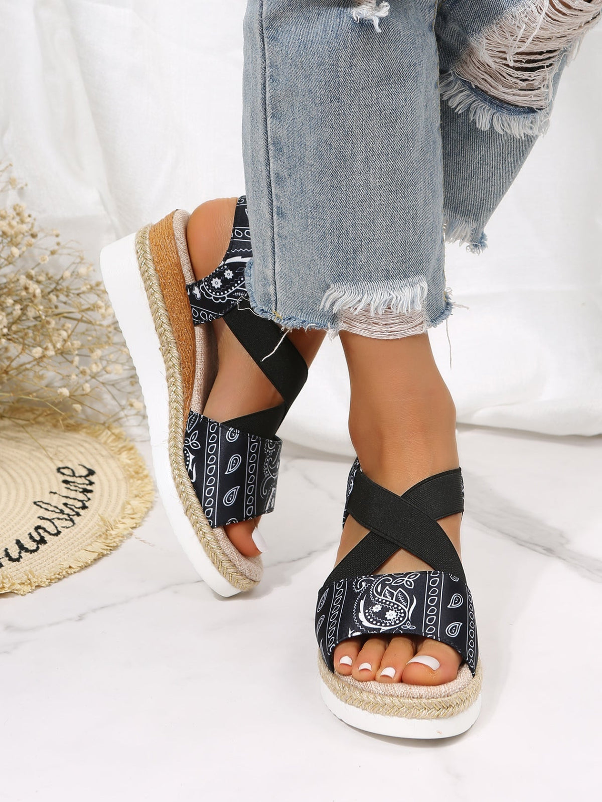 Thick Bottom Cross-tied Open Toe Wedges Sandals