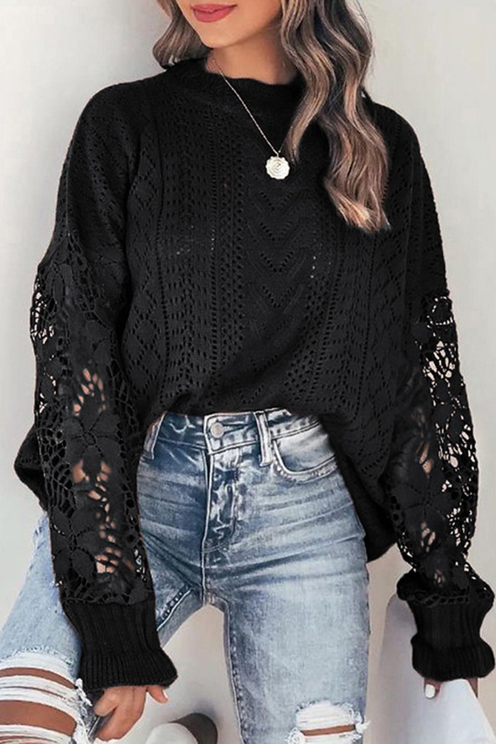 Crochet Lace Pointelle Knit Sweater