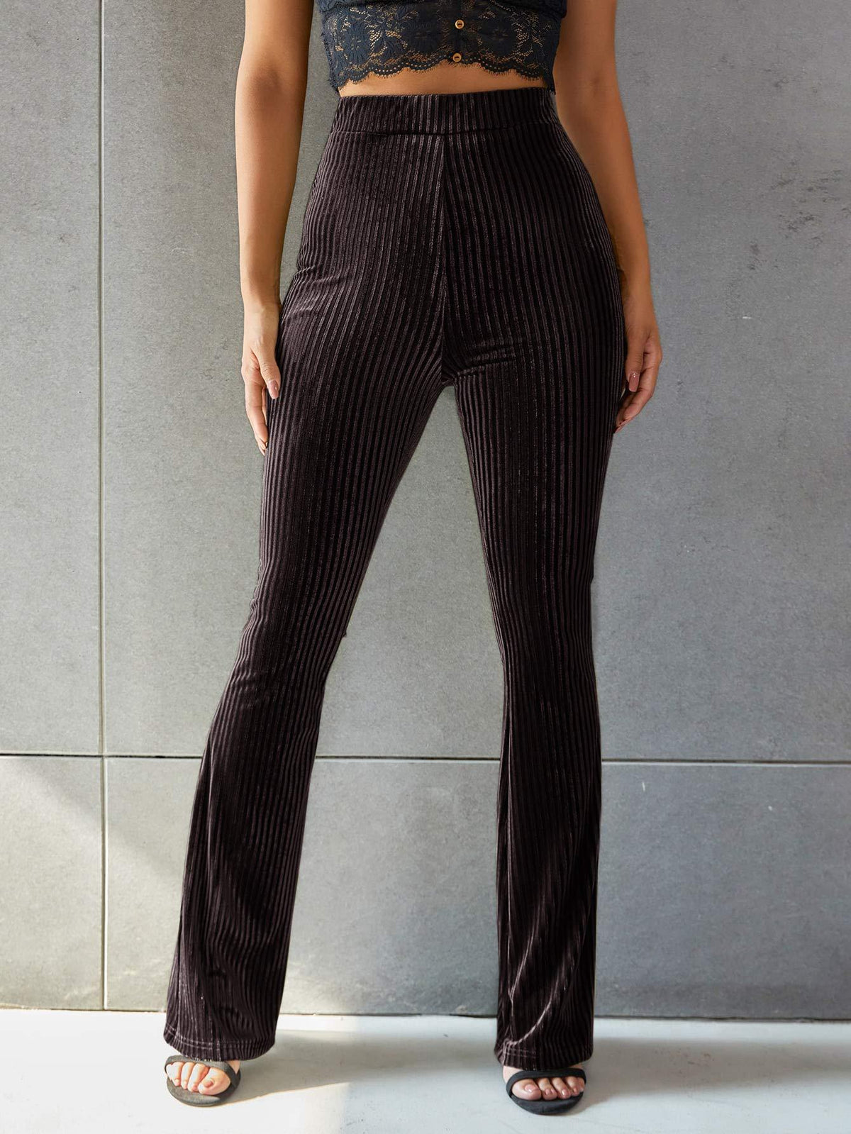 Pantalon Flare Taille Haute à Rayures en Velours