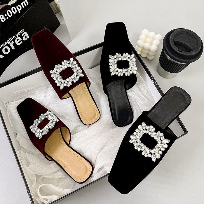 Elegant Crystal Square Toe Mules Flat Slippers