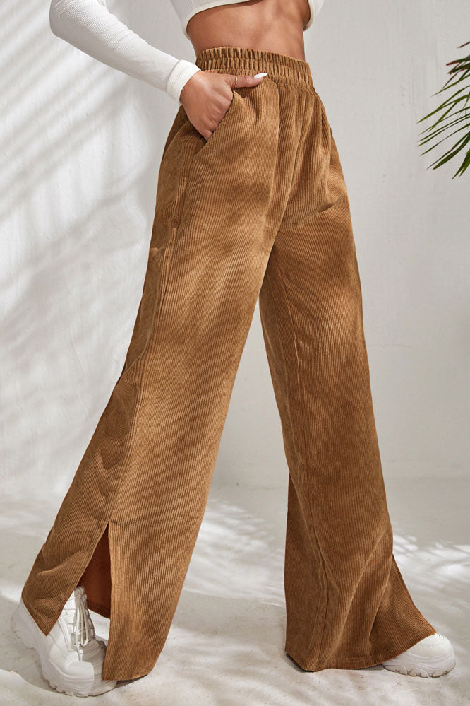 High Waist Solid Corduroy Panel Slit Hem Pants