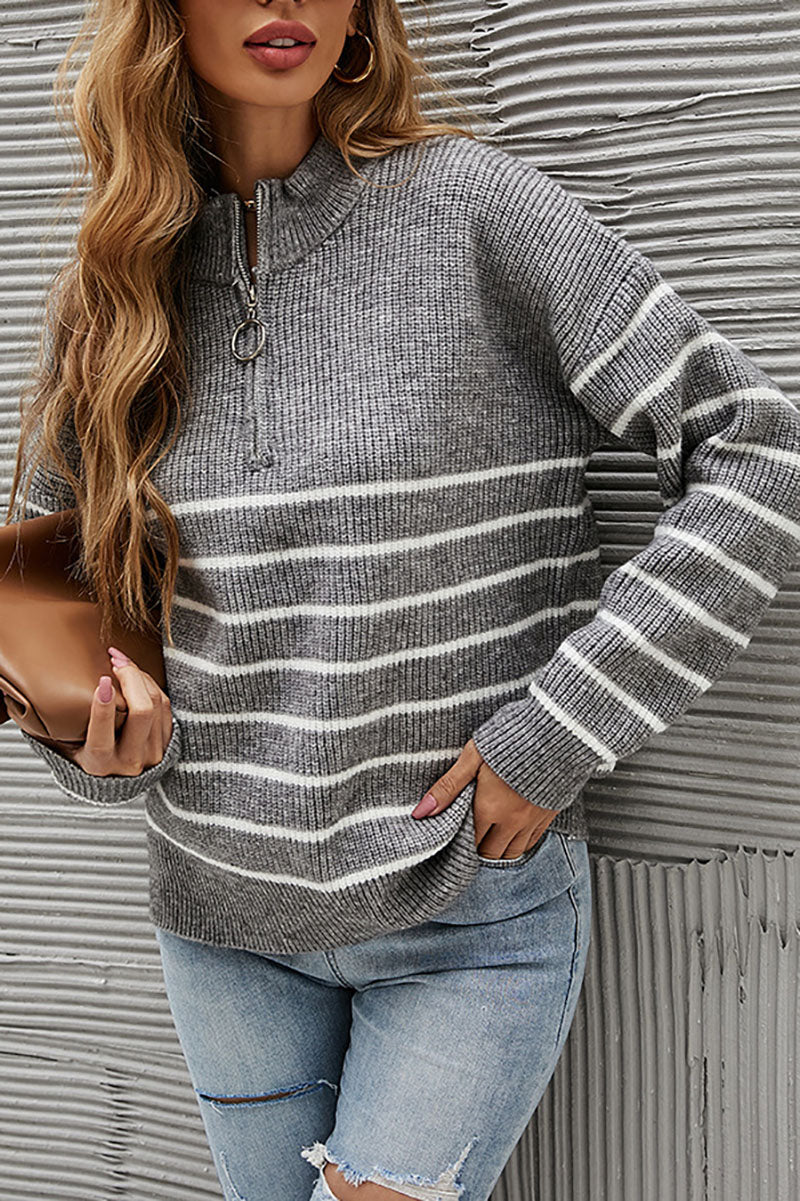 Striped Colorblock High neck Zip Sweater