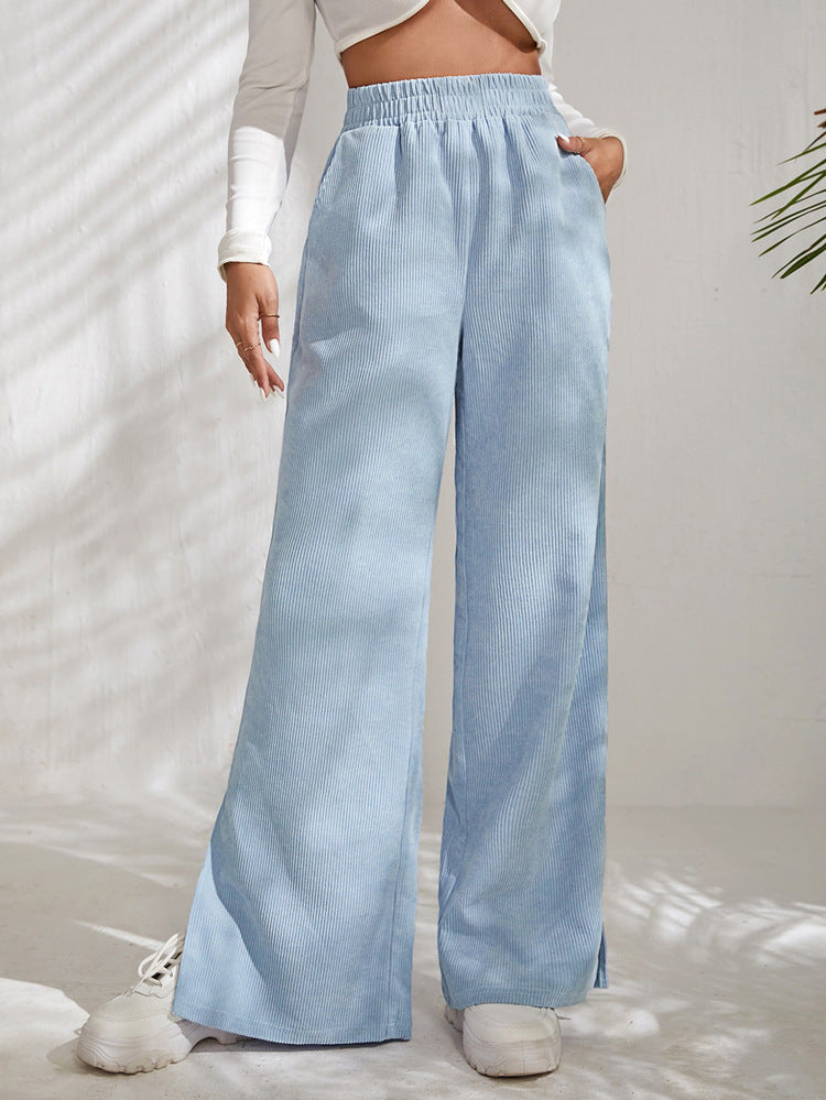 High Waist Solid Corduroy Panel Slit Hem Pants