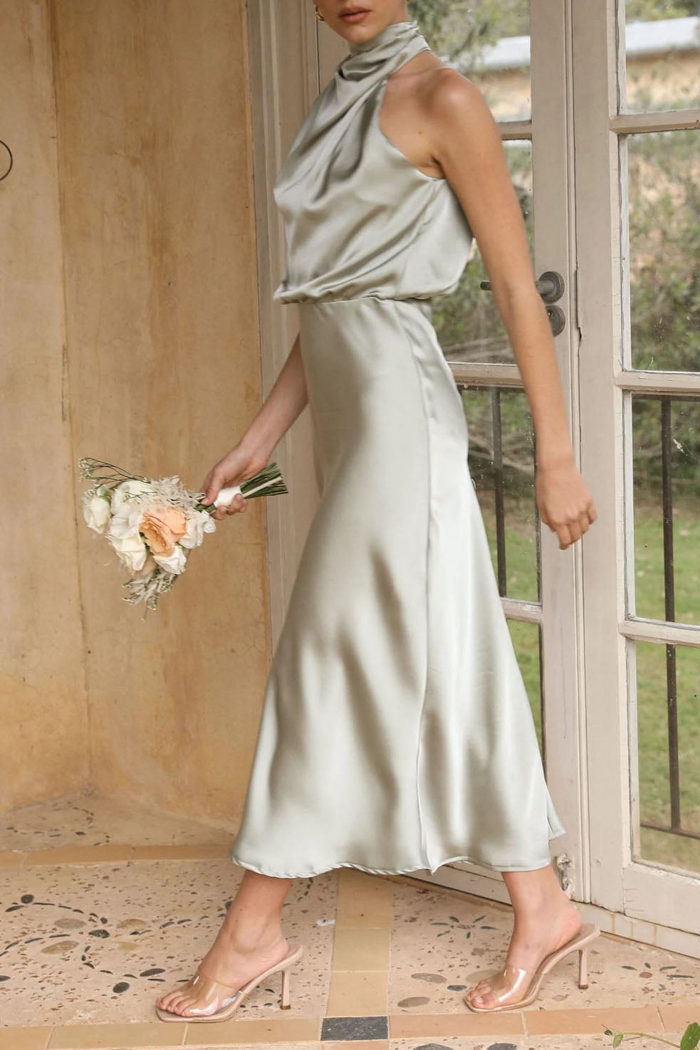 Asymmetric Sleeveless Halter Satin Dress