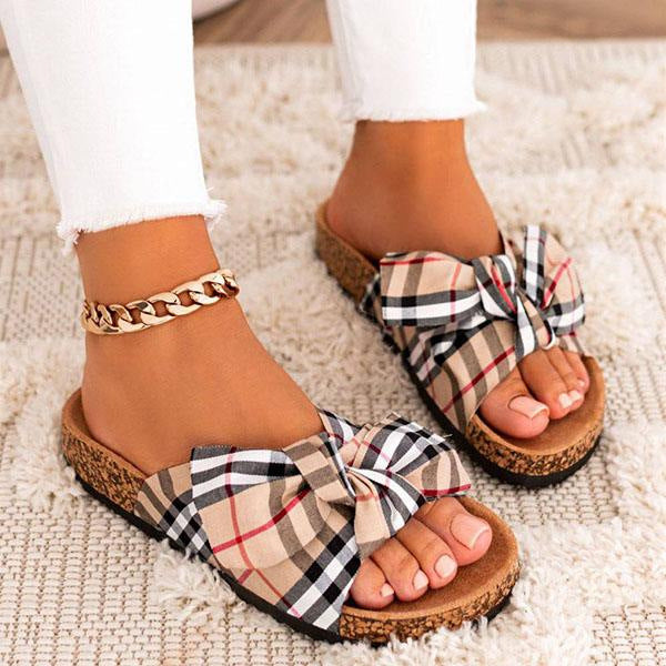 Comfortable Classic Plaid Bow Slides