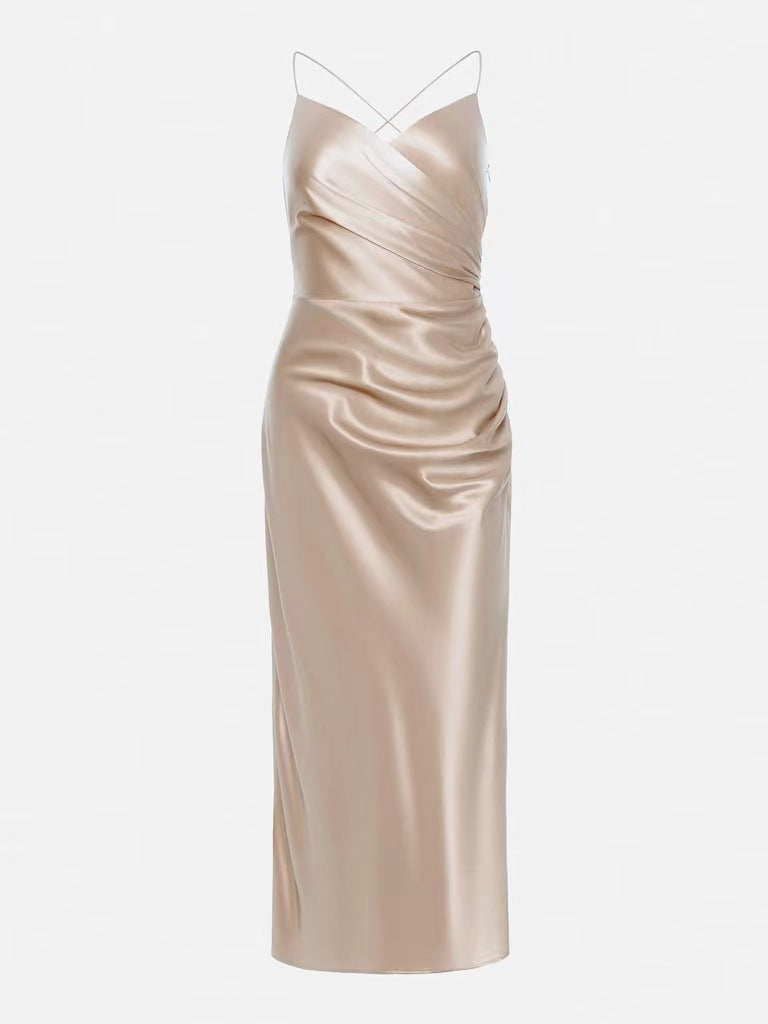 Satin Slit Suspender Mid-Calf Dress