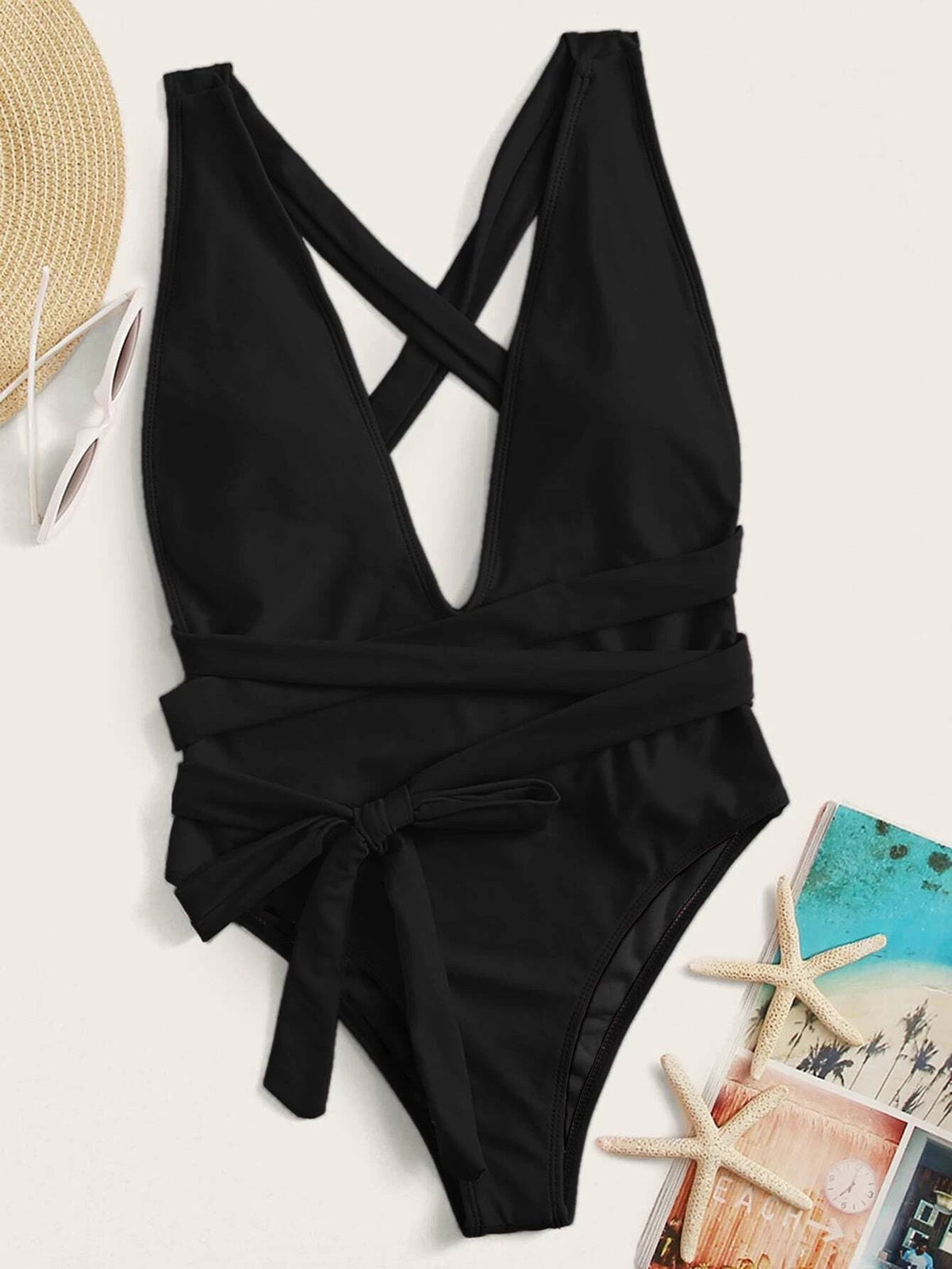 Deep V Waist Tie One-Piece Swimsuit