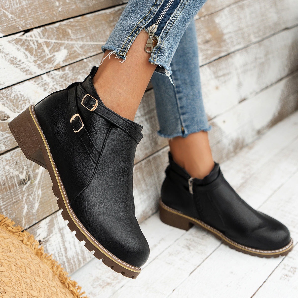 Chunky Heel Side Zip Buckle Martin Boots