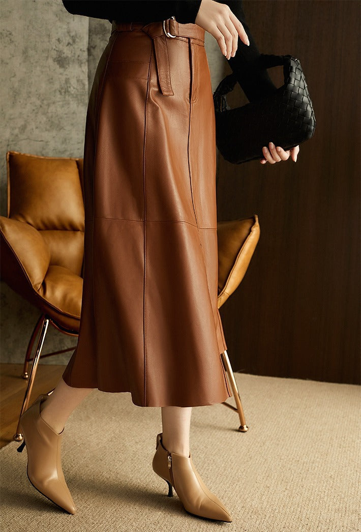 Vintage Brown High Waist A-Line Leather Skirt