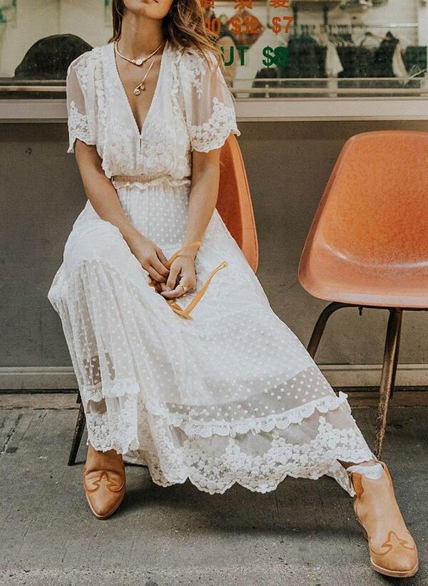 White Lace Embroidery Bohemian Maxi Dress