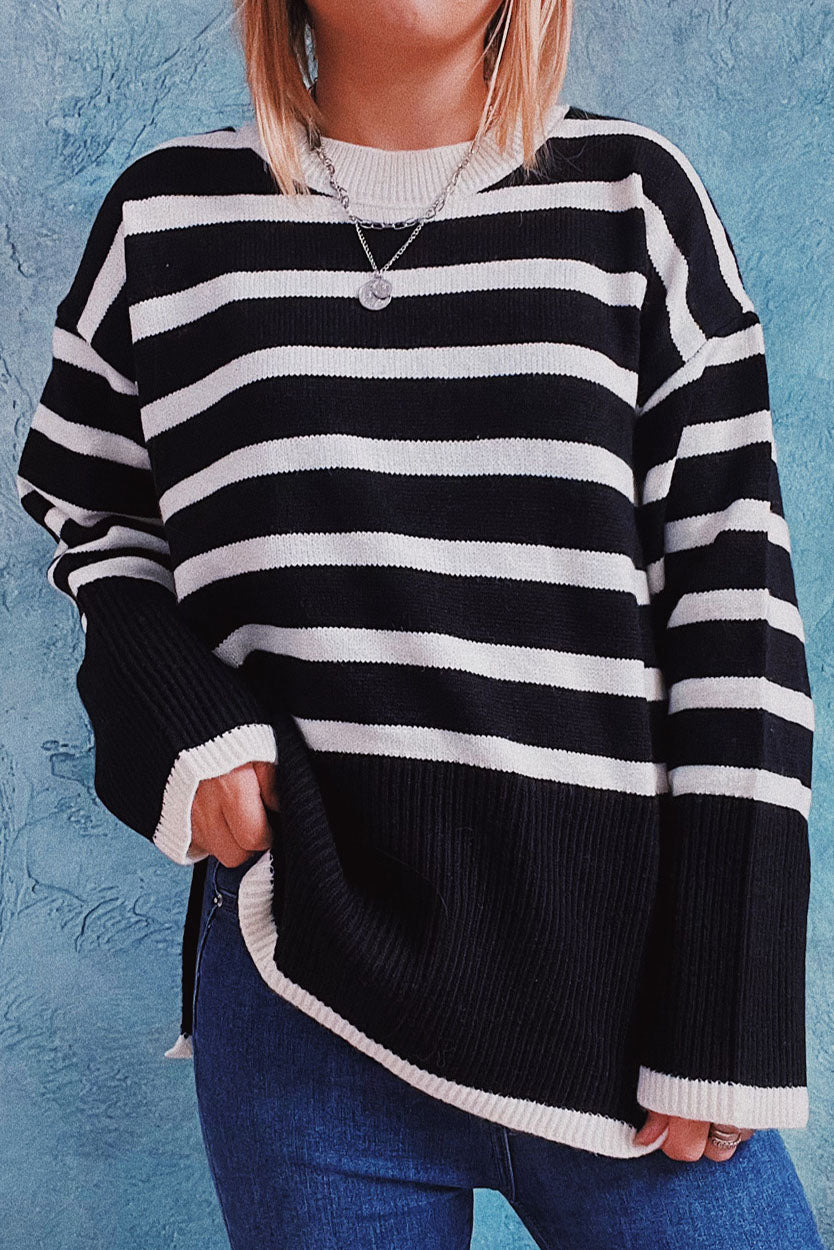 Loose Striped Contrast Slit Crewneck Sweater