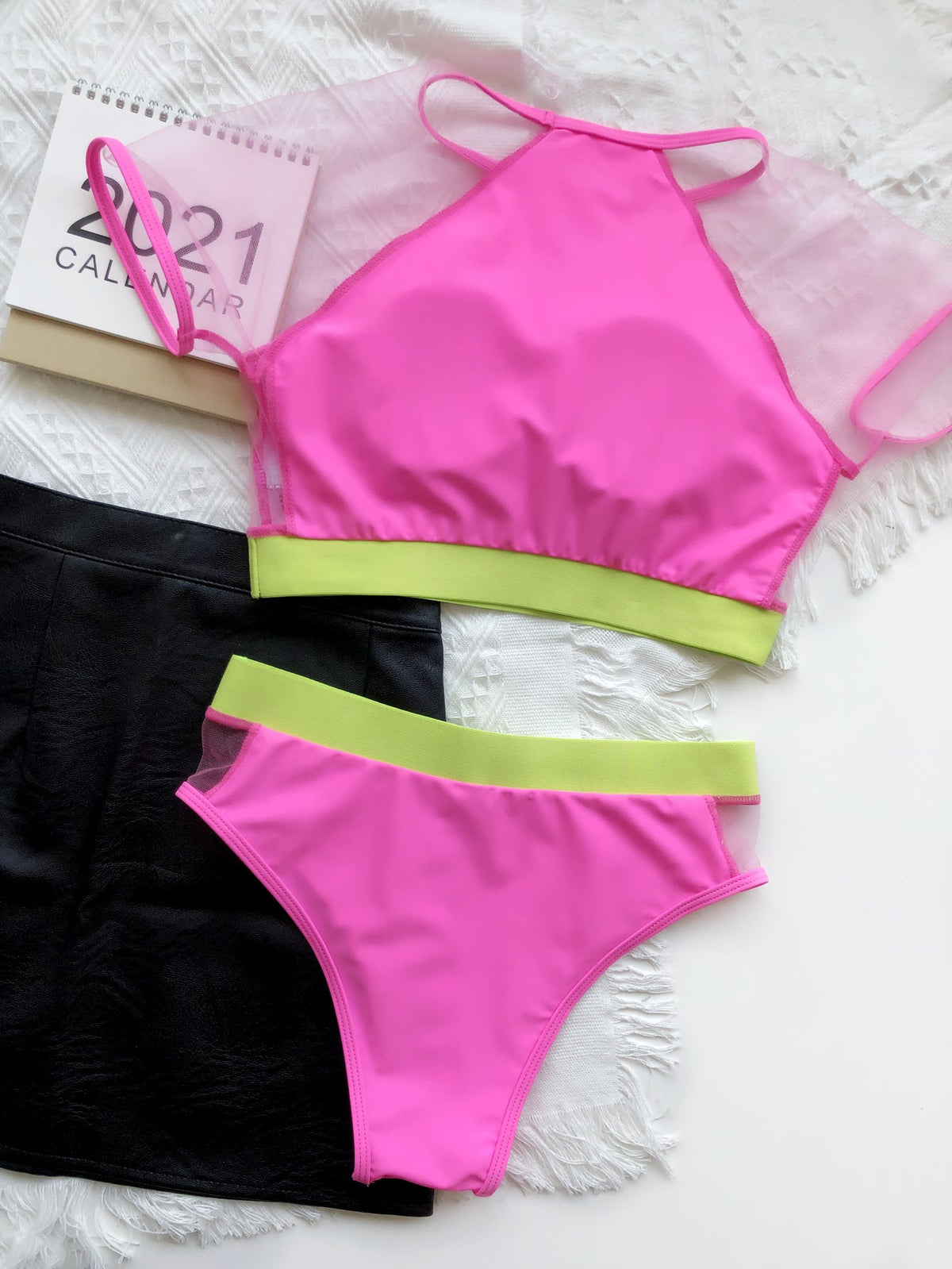 Colorblock Mesh Bandage High Waist Bikini Set