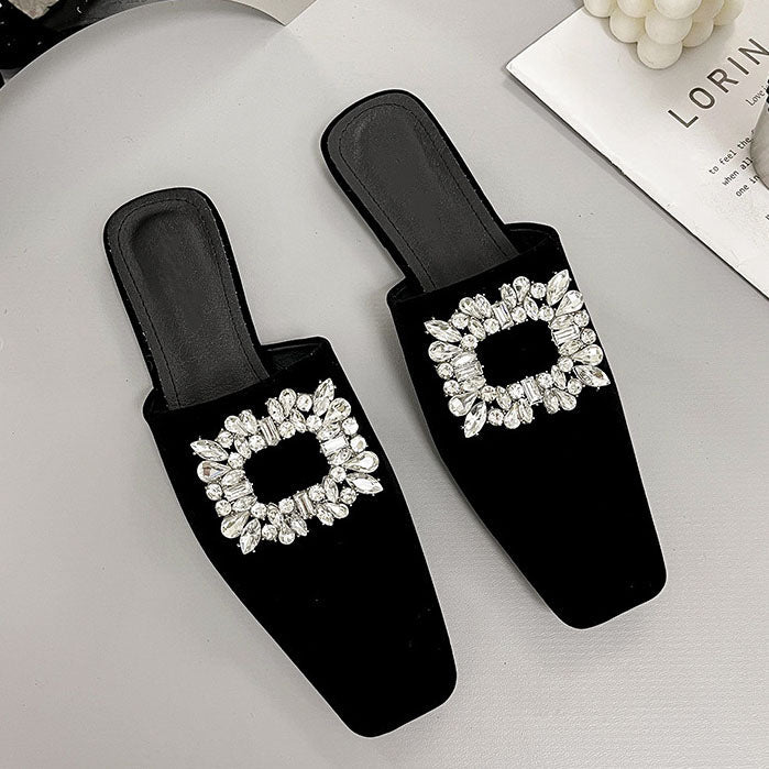 Elegant Crystal Square Toe Mules Flat Slippers