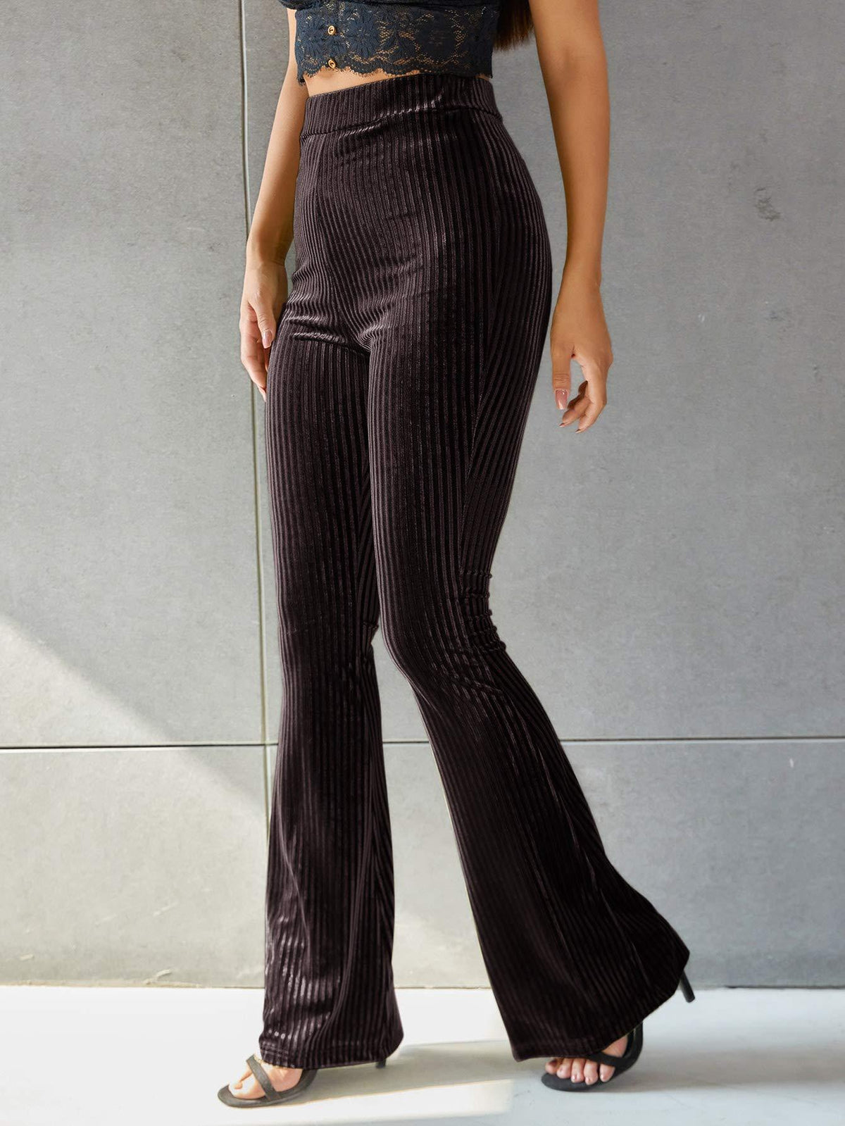 Pantalon Flare Taille Haute à Rayures en Velours