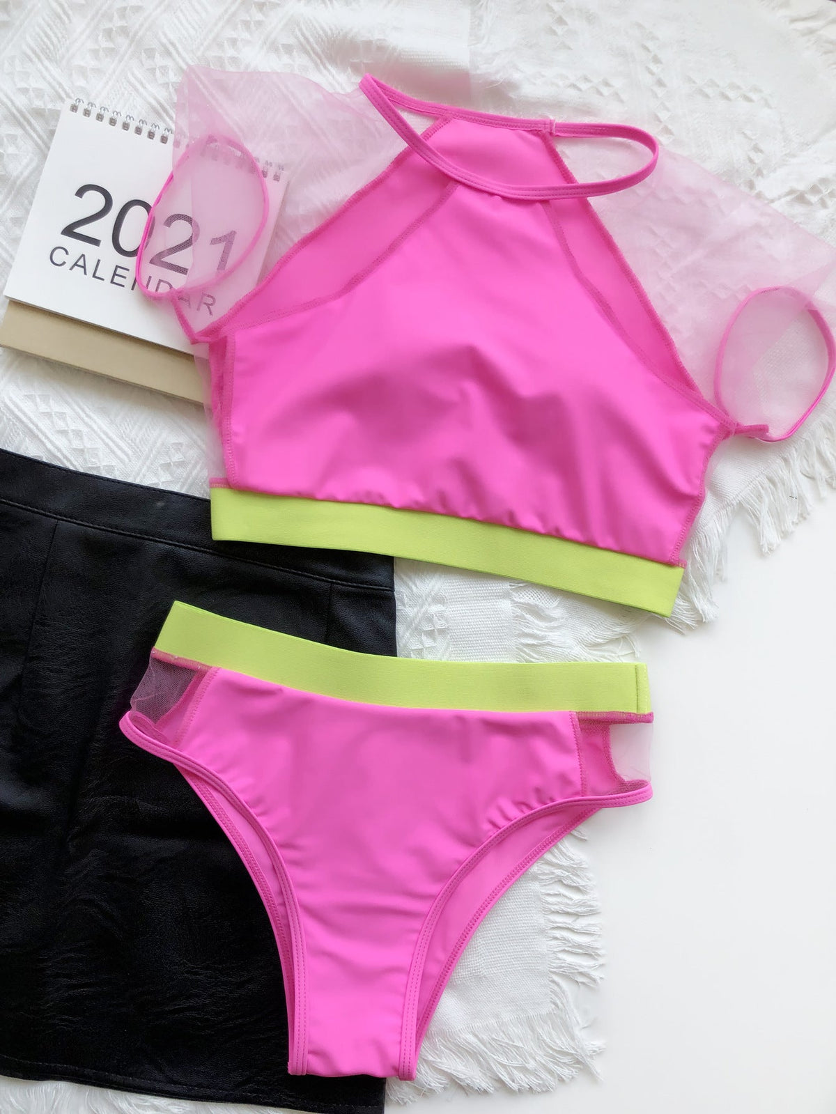 Colorblock Mesh Bandage High Waist Bikini Set