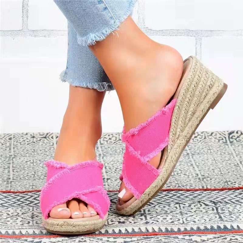 Denim and Linen Lightweight Wedge Slippers