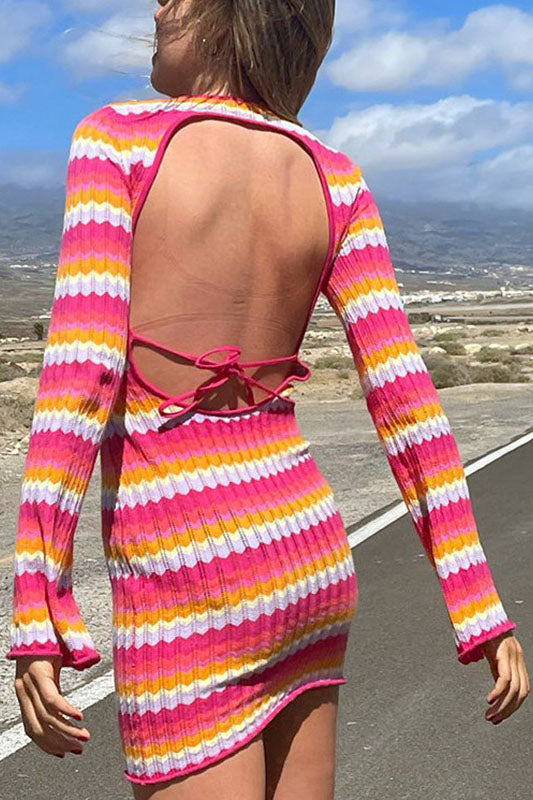 Backless Striped Knit Bodycon Dress