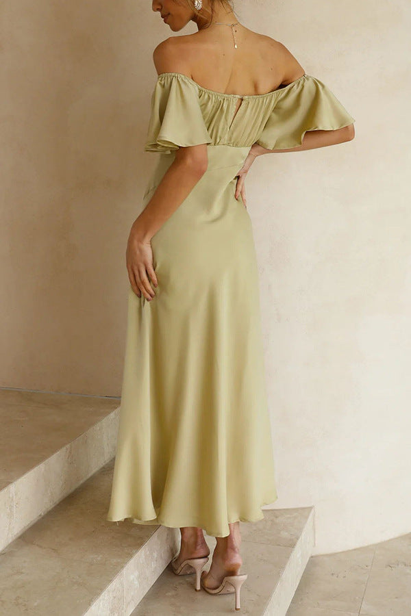 Solid Satin Barrel Neck Strapless Pleated Dress