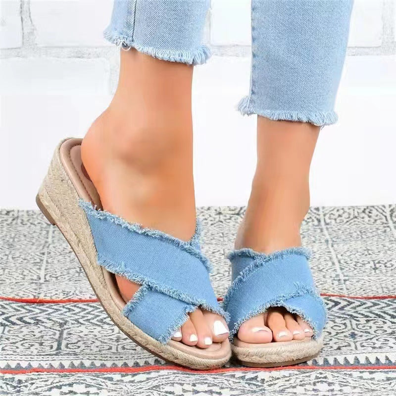 Denim and Linen Lightweight Wedge Slippers