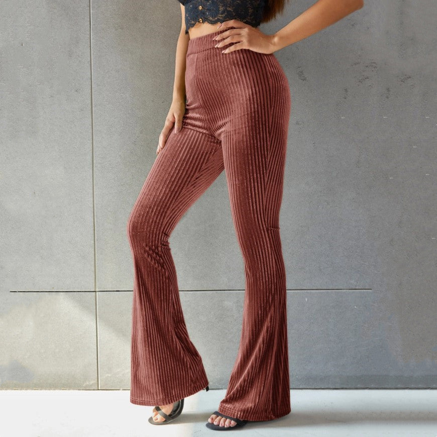 Pantalon Flare Taille Haute à Rayures en Velours