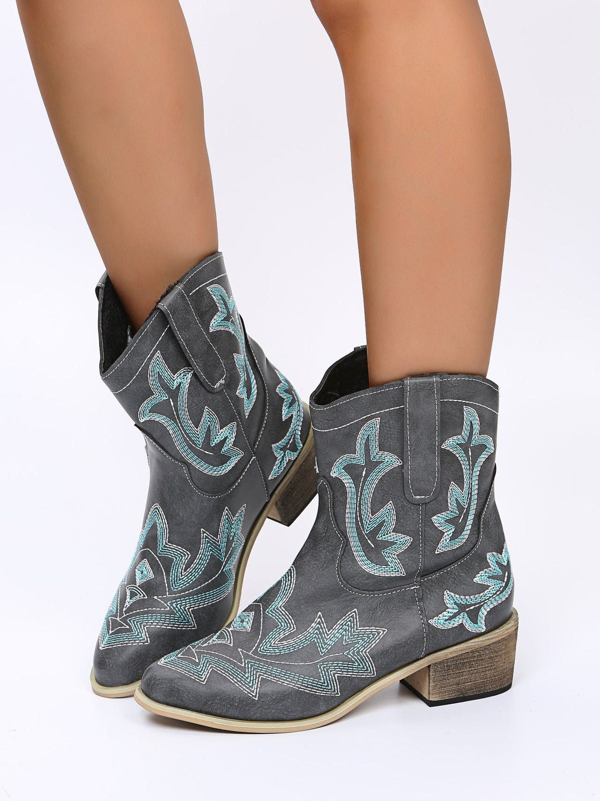 Embroidered Floral Chunky Heel Martin Boots