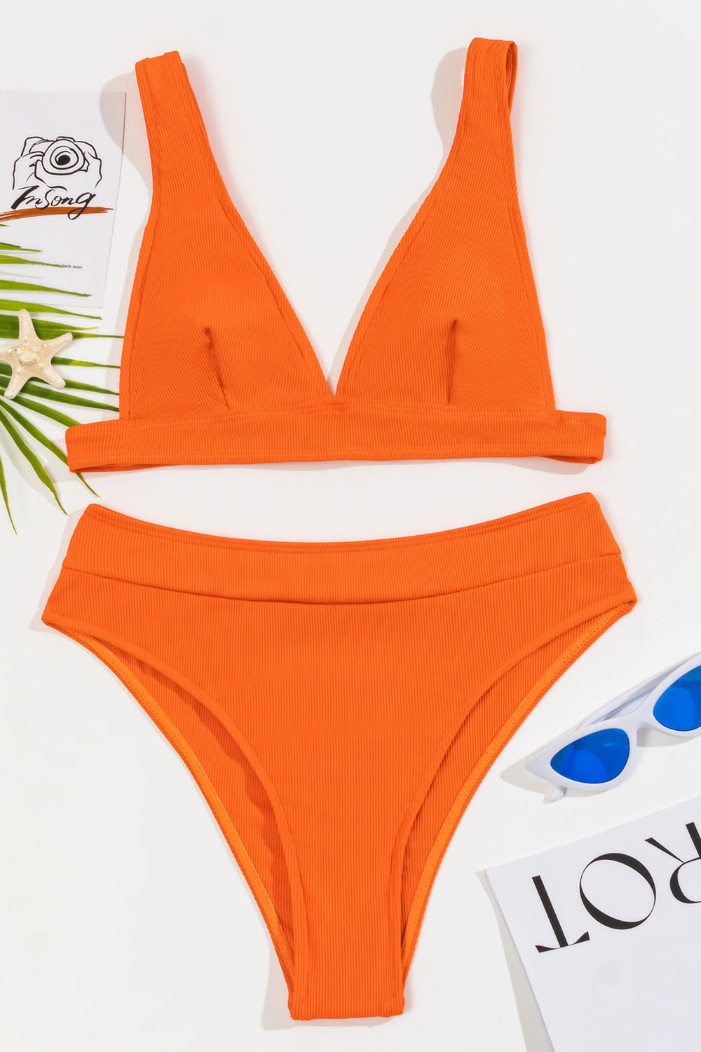 Conjunto de bikini de cintura alta con escote en V profundo de color liso 