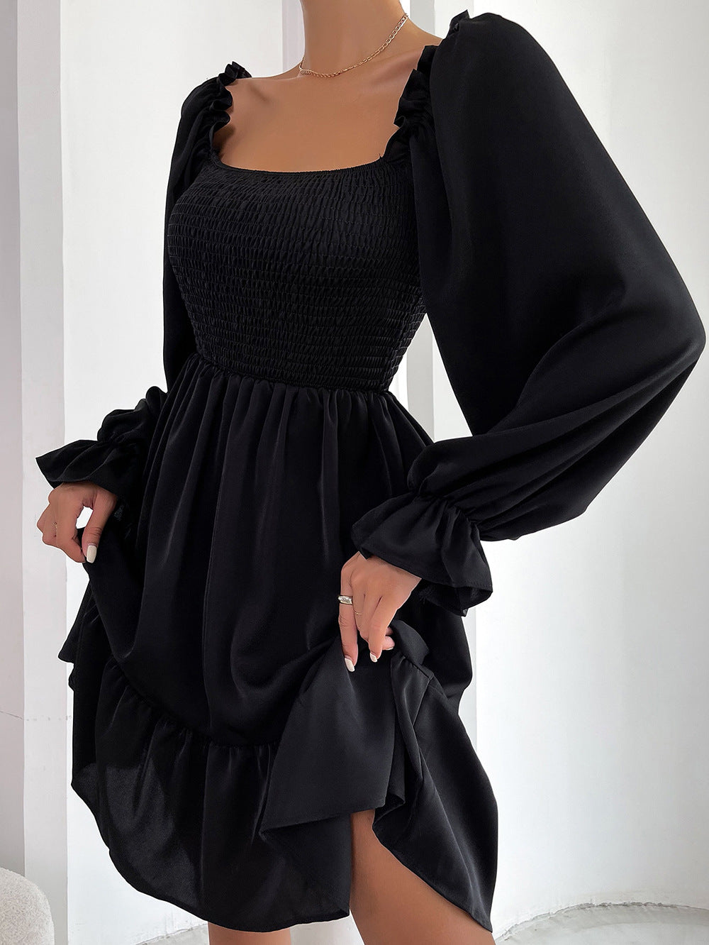 Elegant Square neck High waist Ruffle Dress