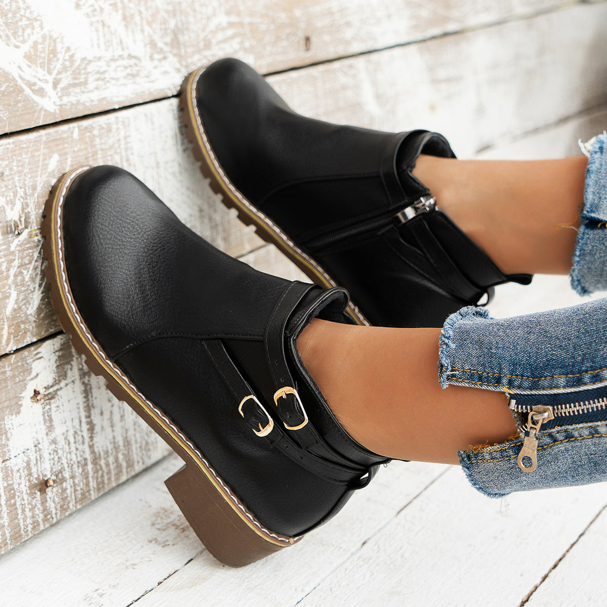 Chunky Heel Side Zip Buckle Martin Boots