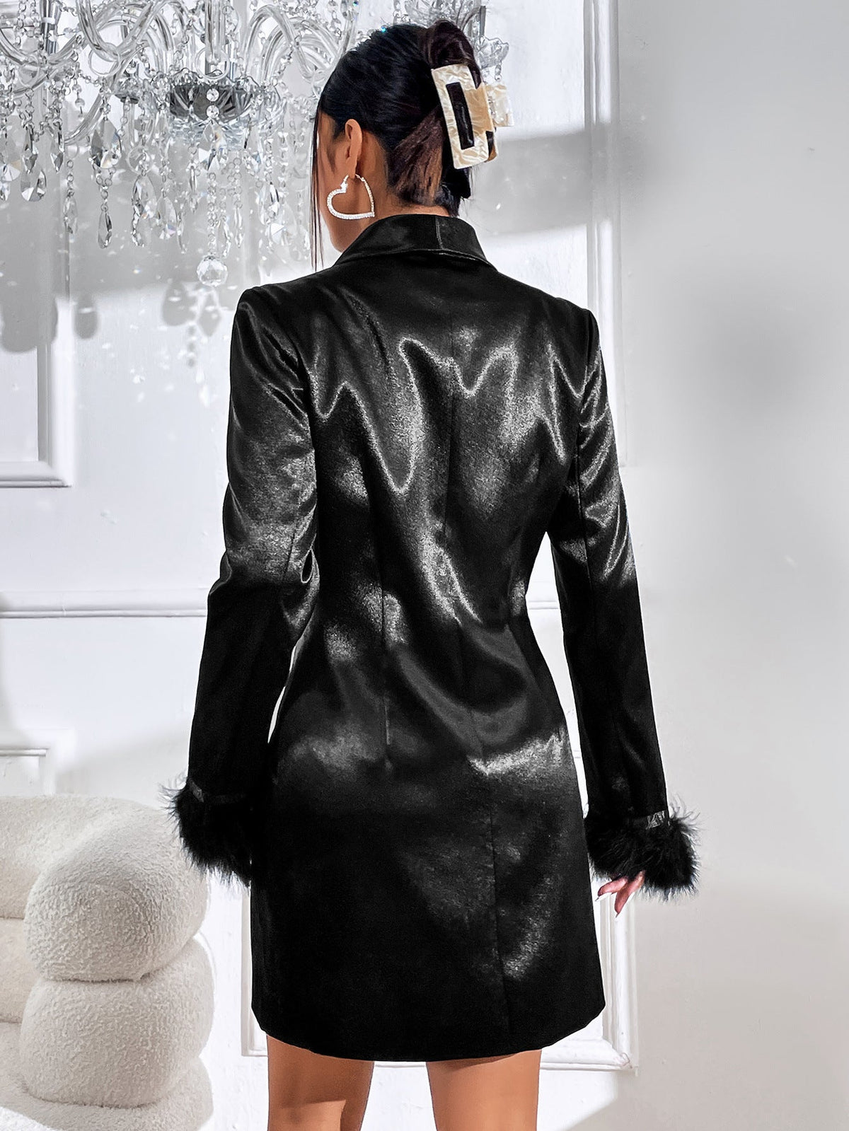 Black Double Breasted Fur Cuff Satin Suit Dress