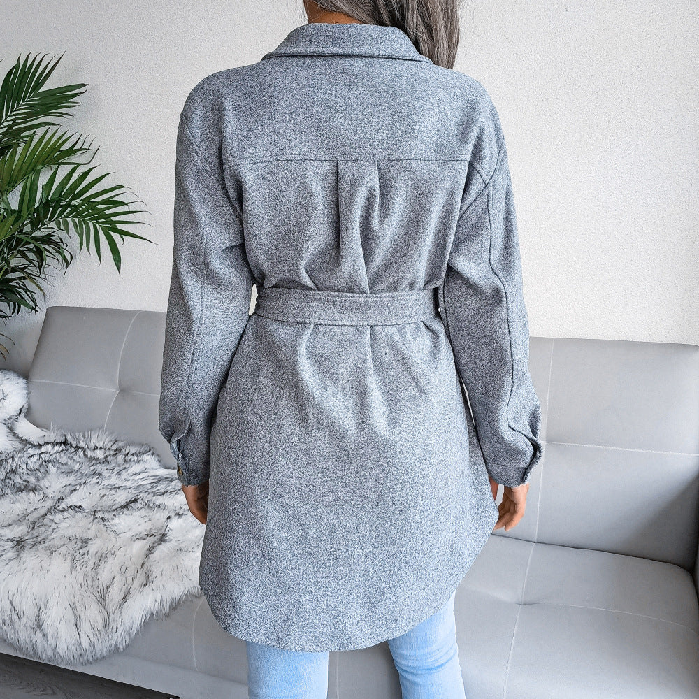 Turn Down Collar Lace Up Wool Coat