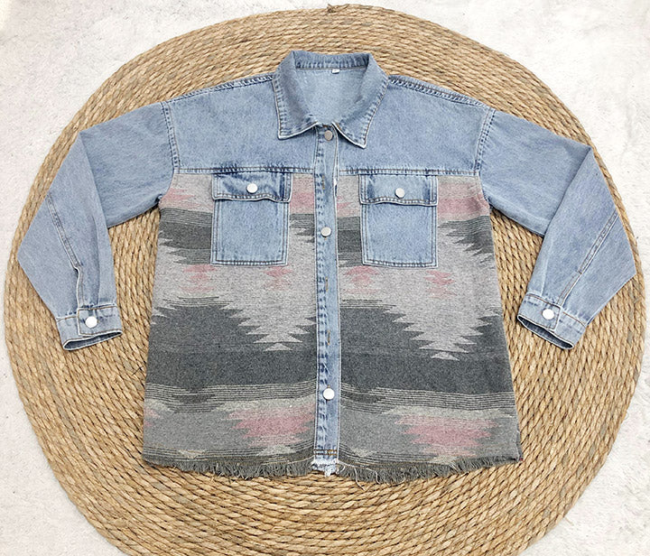 Chaqueta estilo patchwork de mezclilla con bolsillo con solapa azteca retro