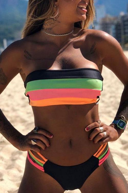 Contrast Striped Strapless Bikini