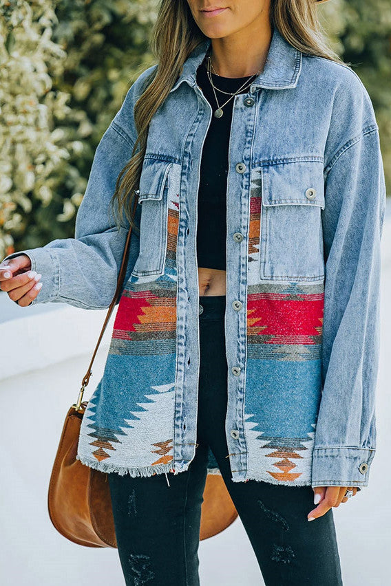 Chaqueta estilo patchwork de mezclilla con bolsillo con solapa azteca retro