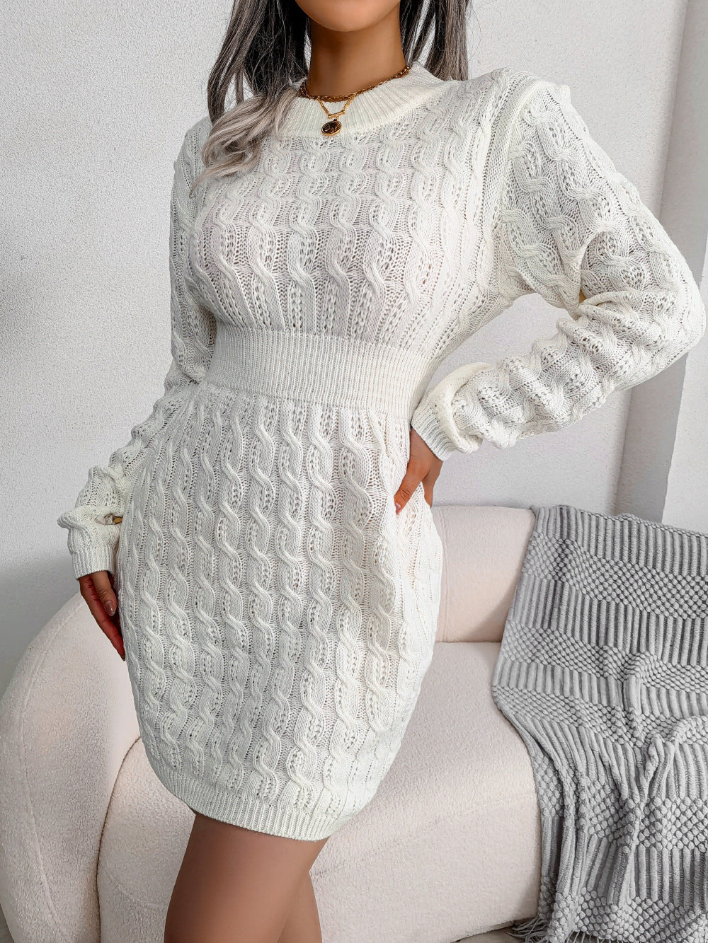 O Neck Casual Twist Waist Sweater Dress