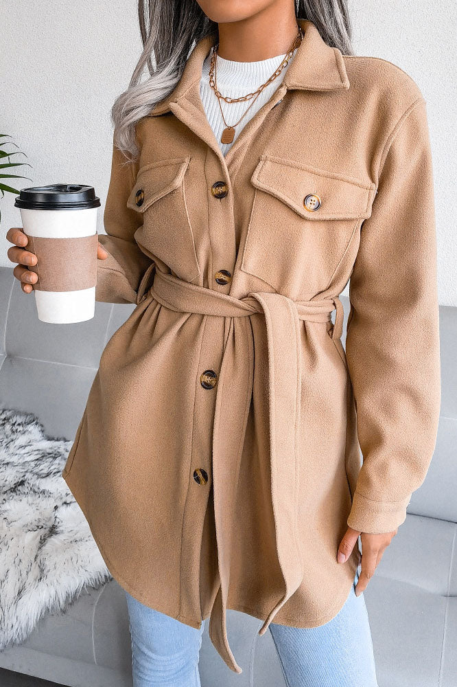 Turn Down Collar Lace Up Wool Coat