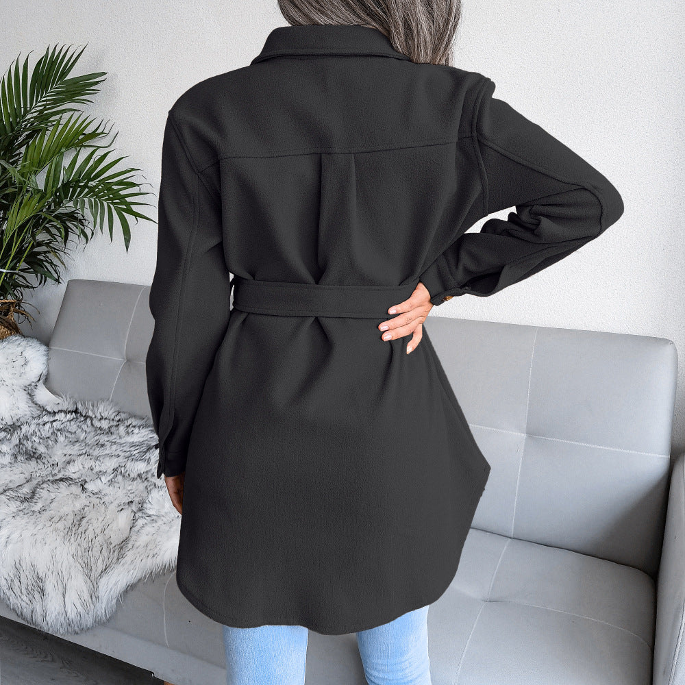 Turn Down Collar Lace Up Wool Coat