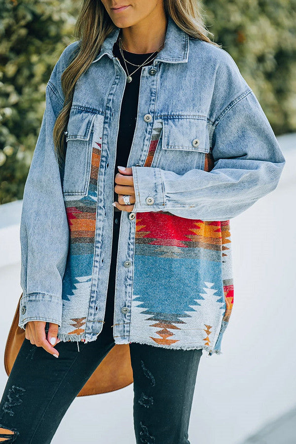 Chaqueta estilo patchwork de mezclilla con bolsillo con solapa azteca retro