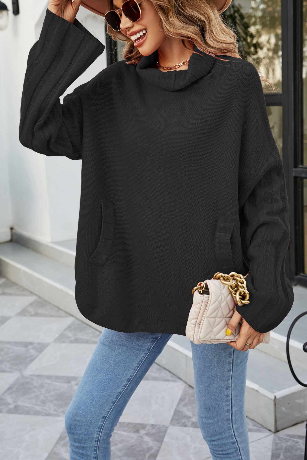 Oversized Turtleneck Kangaroo Pocket Knit Sweater