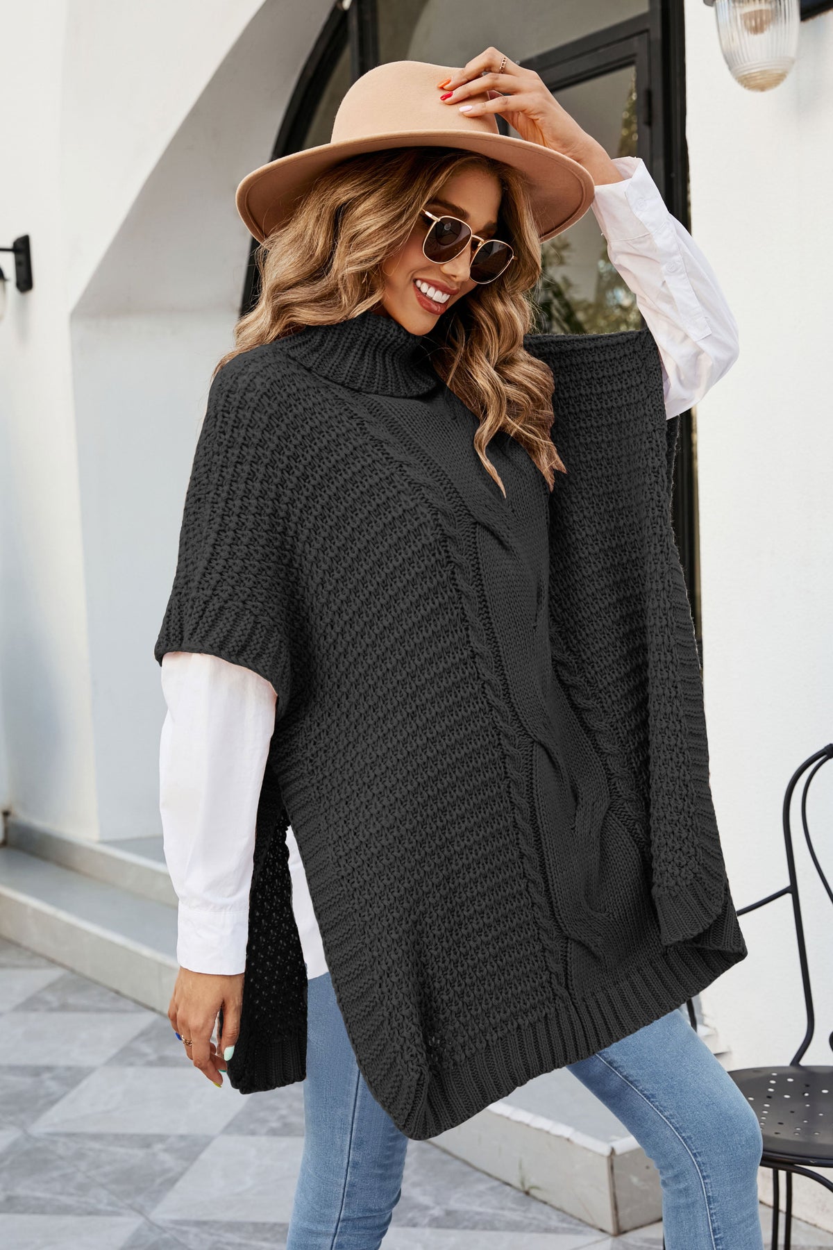 Turtleneck Twist Shawl Knit Sweater