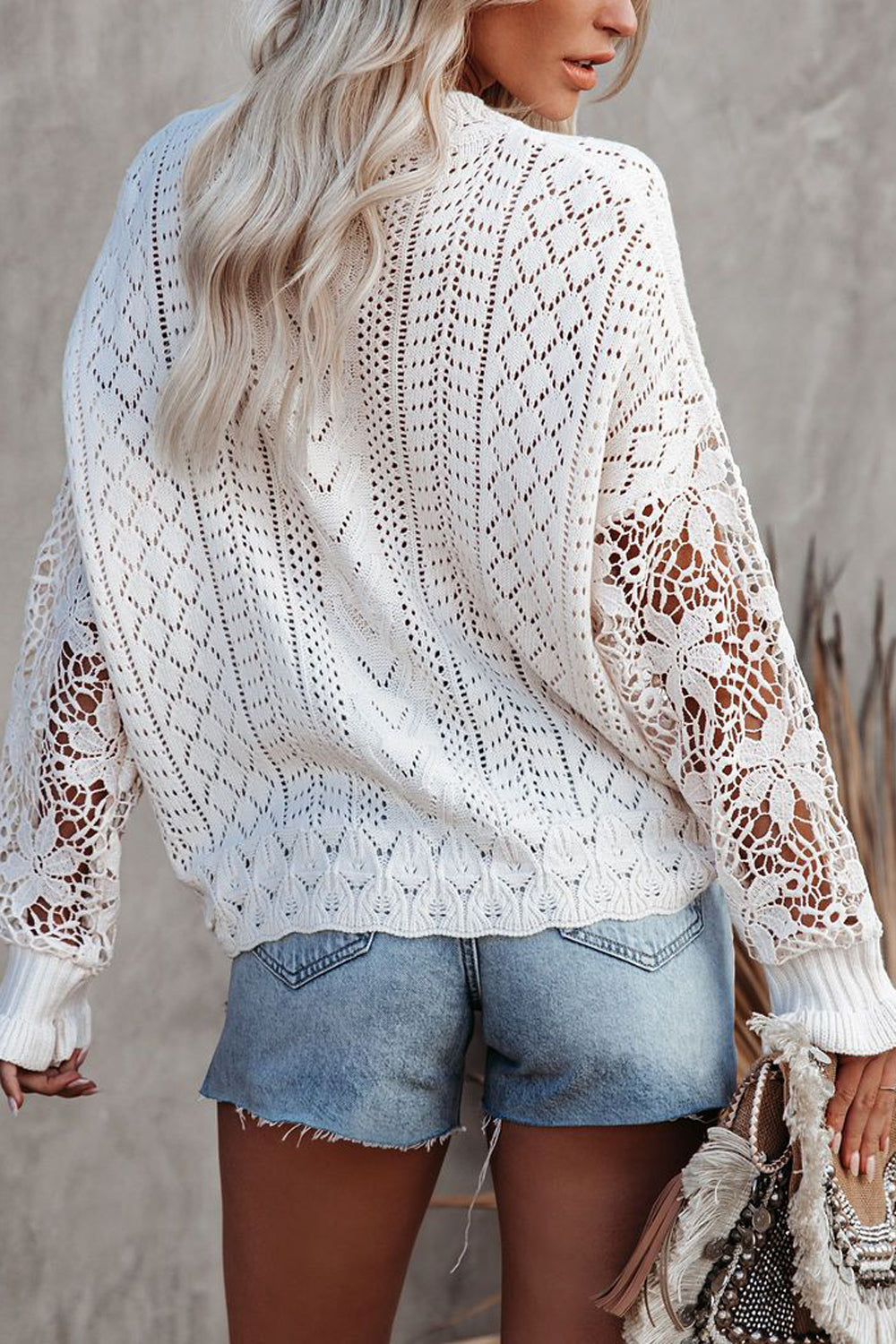 Crochet Lace Pointelle Knit Sweater