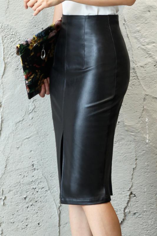 Black PU Leather Bodycon Split Skirt - Pavacat