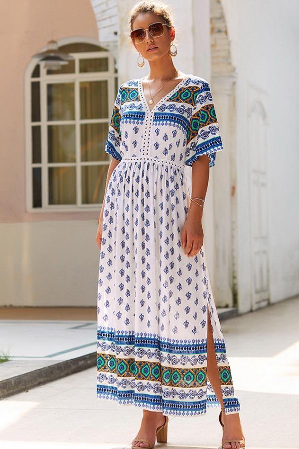 Bohemian V Neck Slit Dress - Pavacat