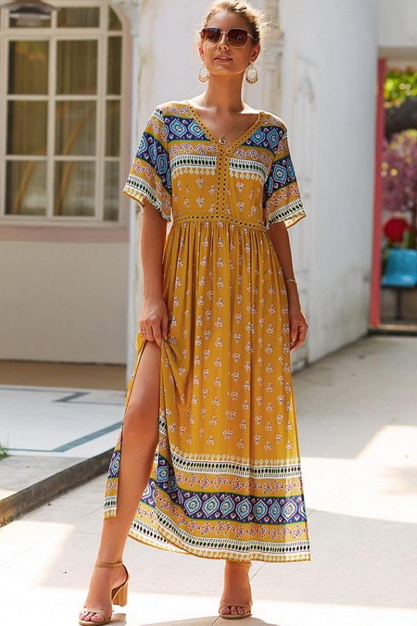 Bohemian V Neck Slit Dress - Pavacat