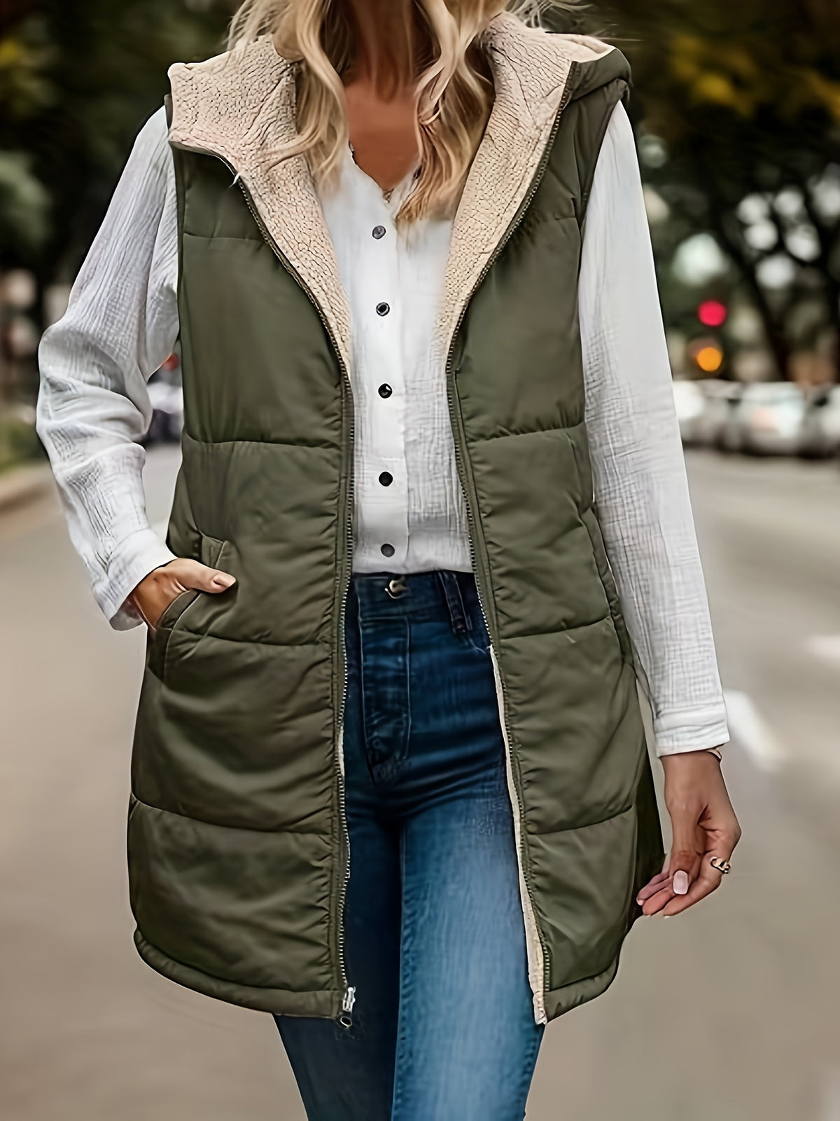 Reversible Sleeveless Hooded Vest Coat