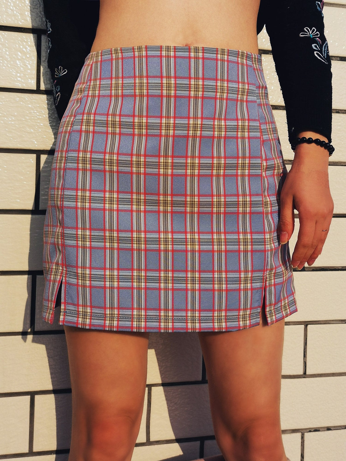 Cara Plaid Bodycon Split Skirt - Pavacat