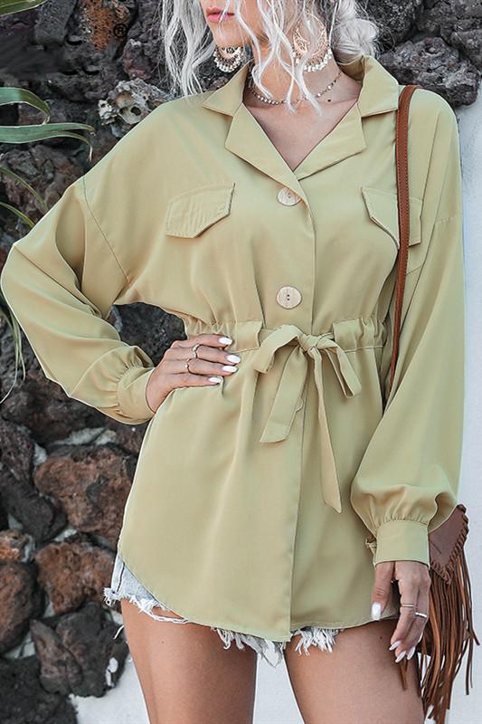 Casual Loose Buttons Sash Belt Blouse Shirt - Pavacat