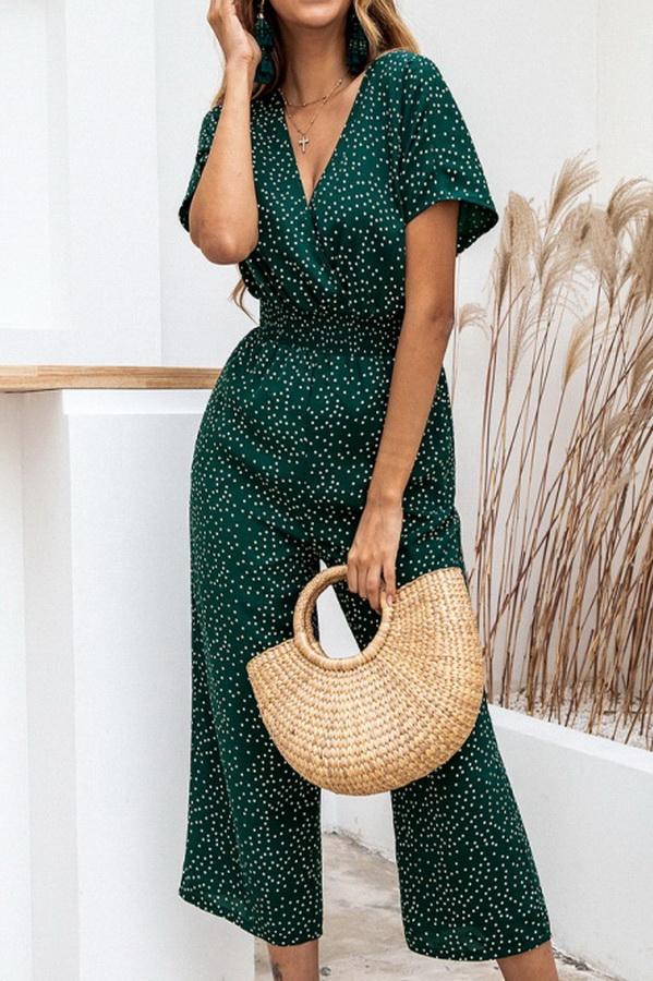 Casual Printed V-neck Pocket Jumpsuit Jumpsuits & Rompers 5201906191605 green L 