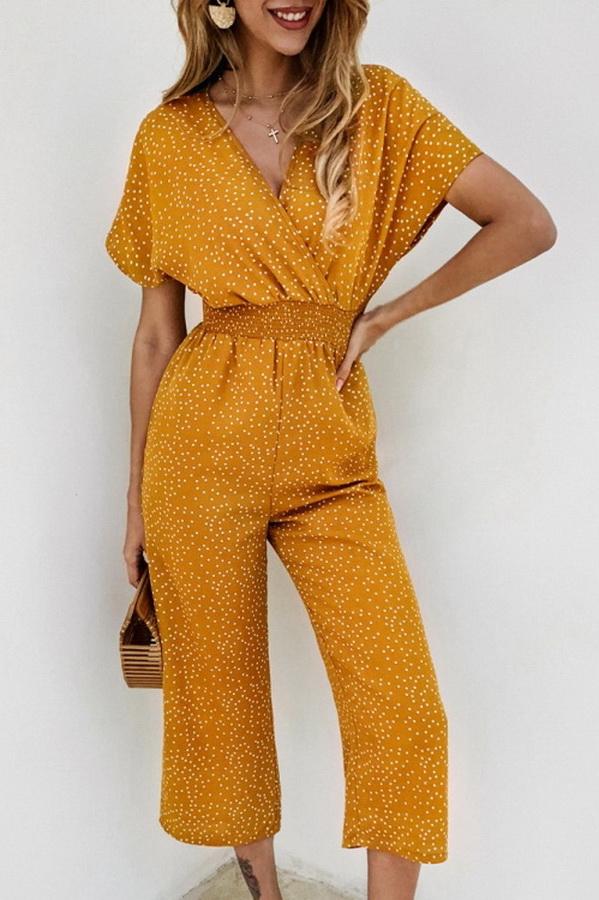 Casual Printed V-neck Pocket Jumpsuit Jumpsuits & Rompers 5201906191605 yellow L 